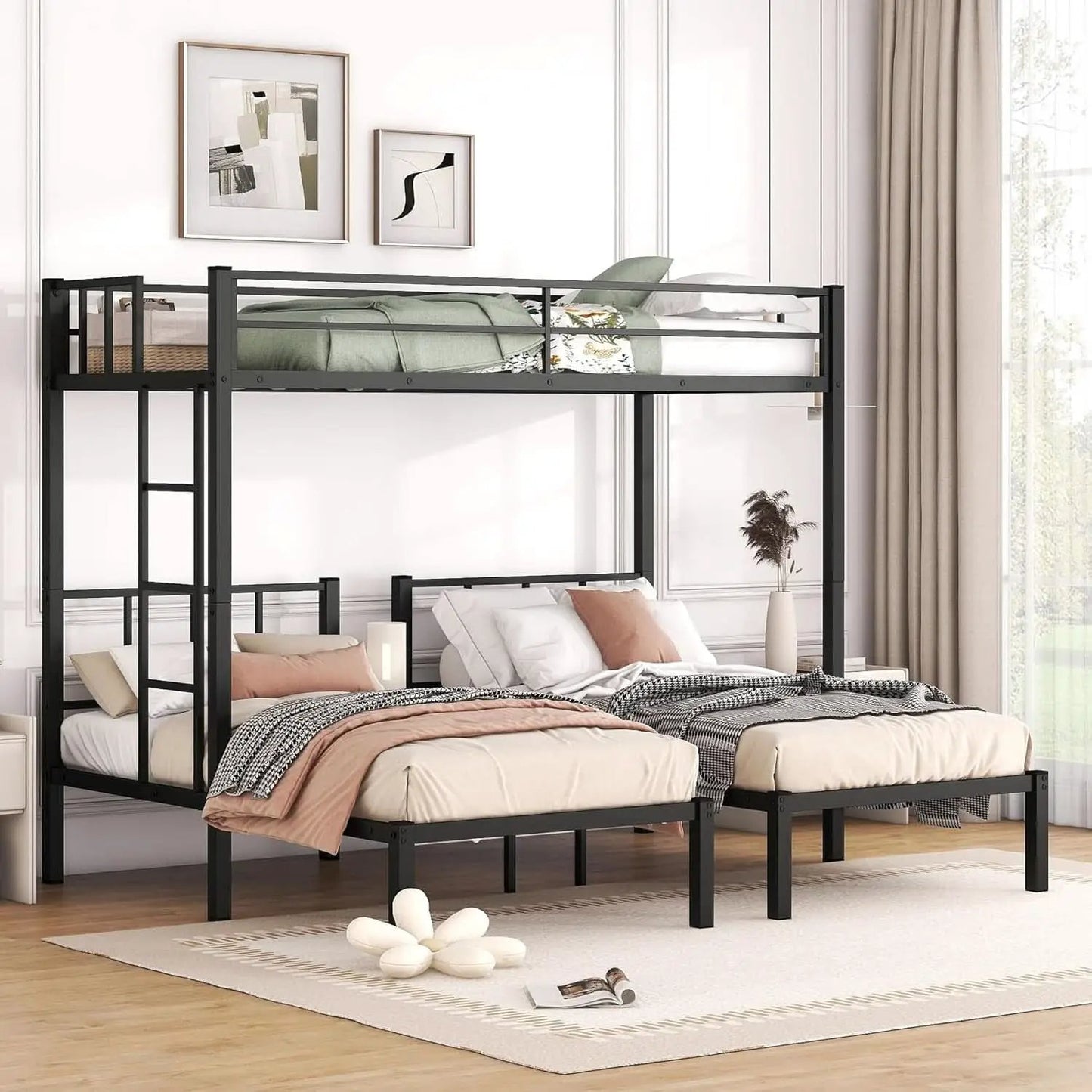 Triple Bunk Bed For Three Kids Built In Desk Black from PriceLows™