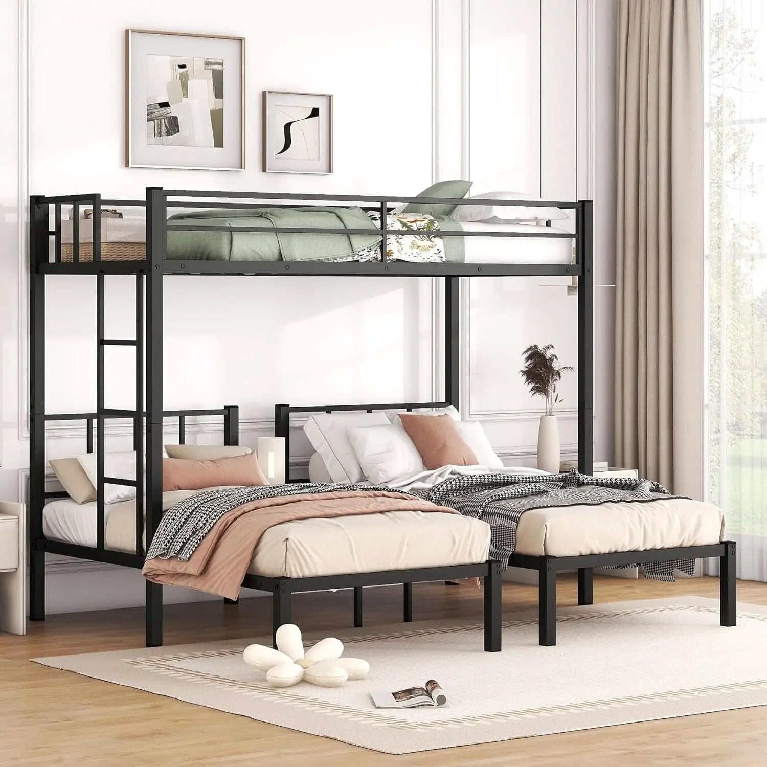 Triple Bunk Bed For Three Kids Built In Desk Black from PriceLows™