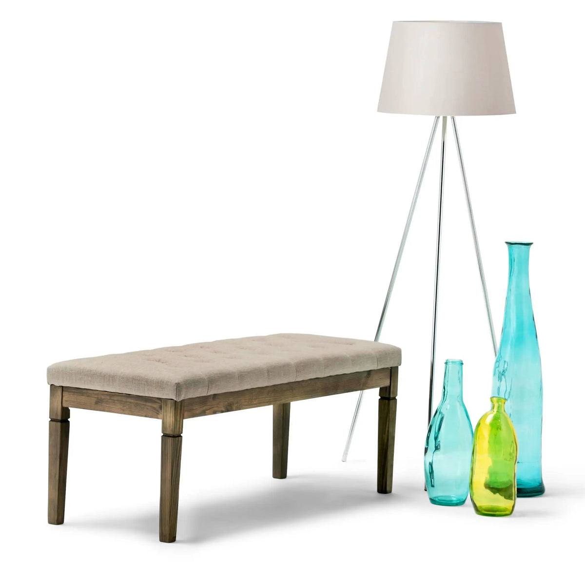 Waverly Upholstered Ottoman Bench | Tufting Detail | Carved Legs | Solid Wood Frame