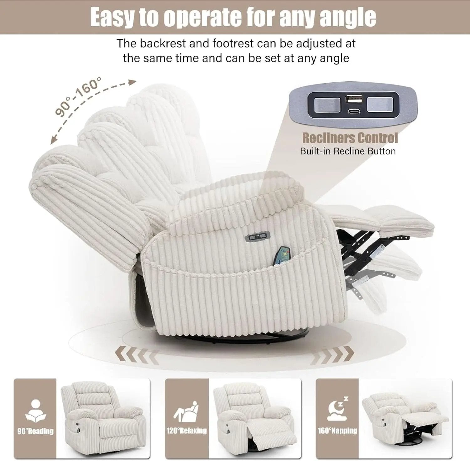Power Swivel Rocker Recliner Chair With Massage And USB Charging White from PriceLows™