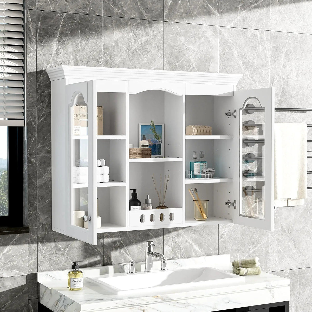 Wall-Mounted Medicine Cabinet | 2 Glass Doors | Adjustable Shelves | White