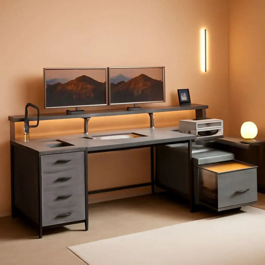 Home Office Desk | 66 Inch Length | File Drawer And Built In Power Outlet | RGB Lighting