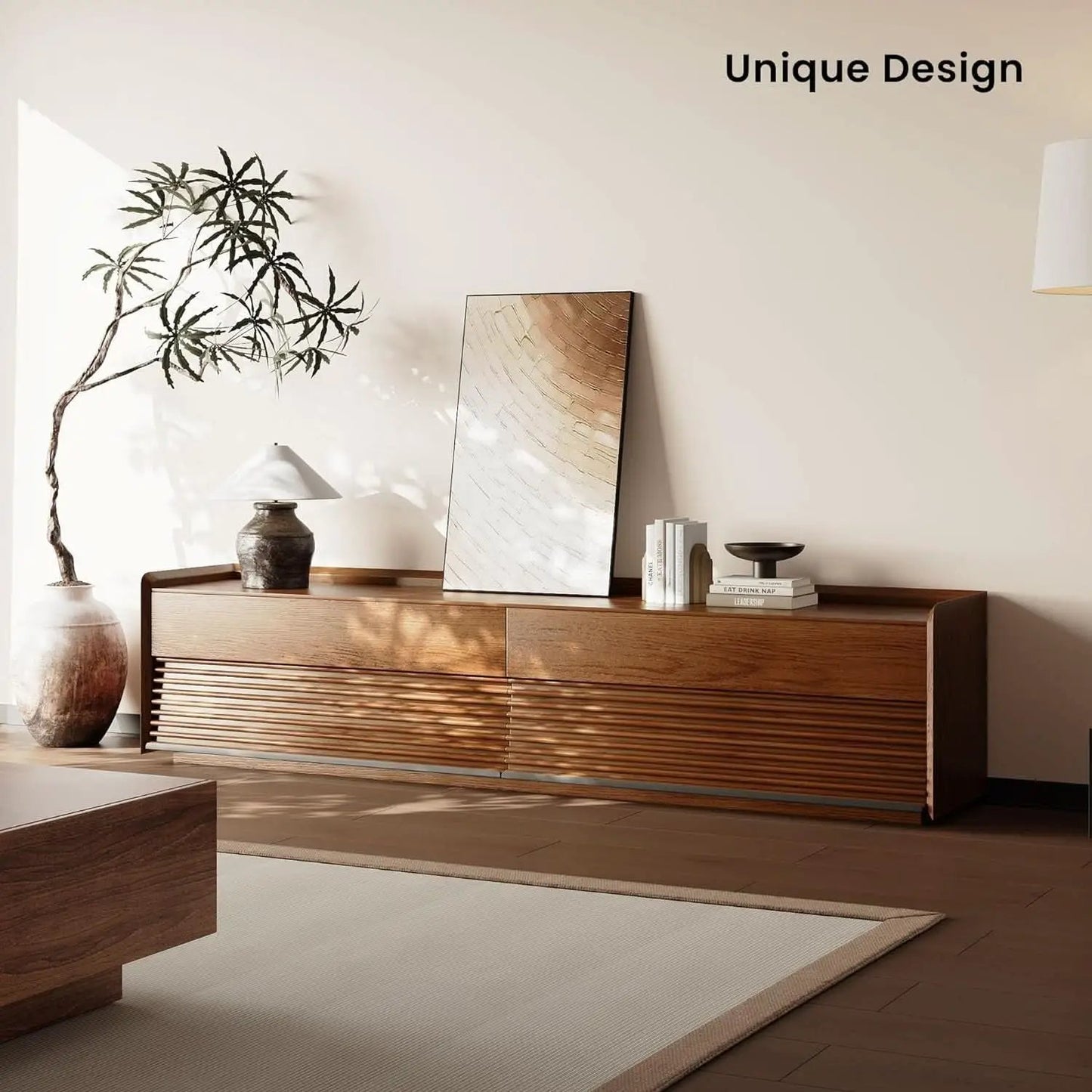 Walnut 78 Inch Mid Century Modern TV Stand With LED Storage from PriceLows™