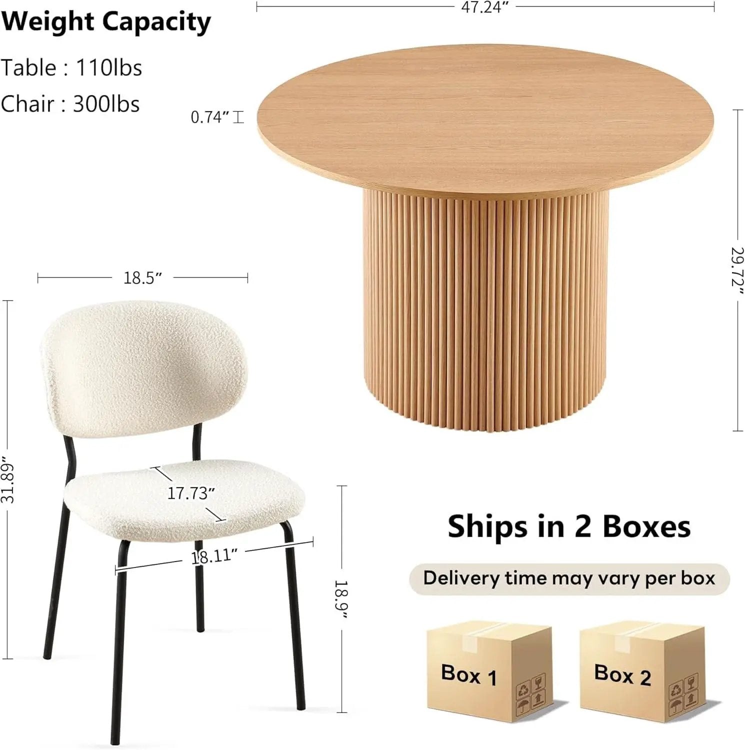 47 Inch Round Dining Table Set Beige Oak Boucle Padded Seating from PriceLows™