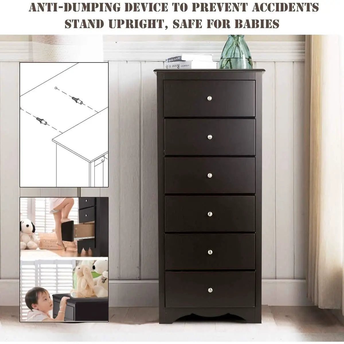 Brown Wood 6 Drawer Dresser For Bedroom Storage Unit from PriceLows™