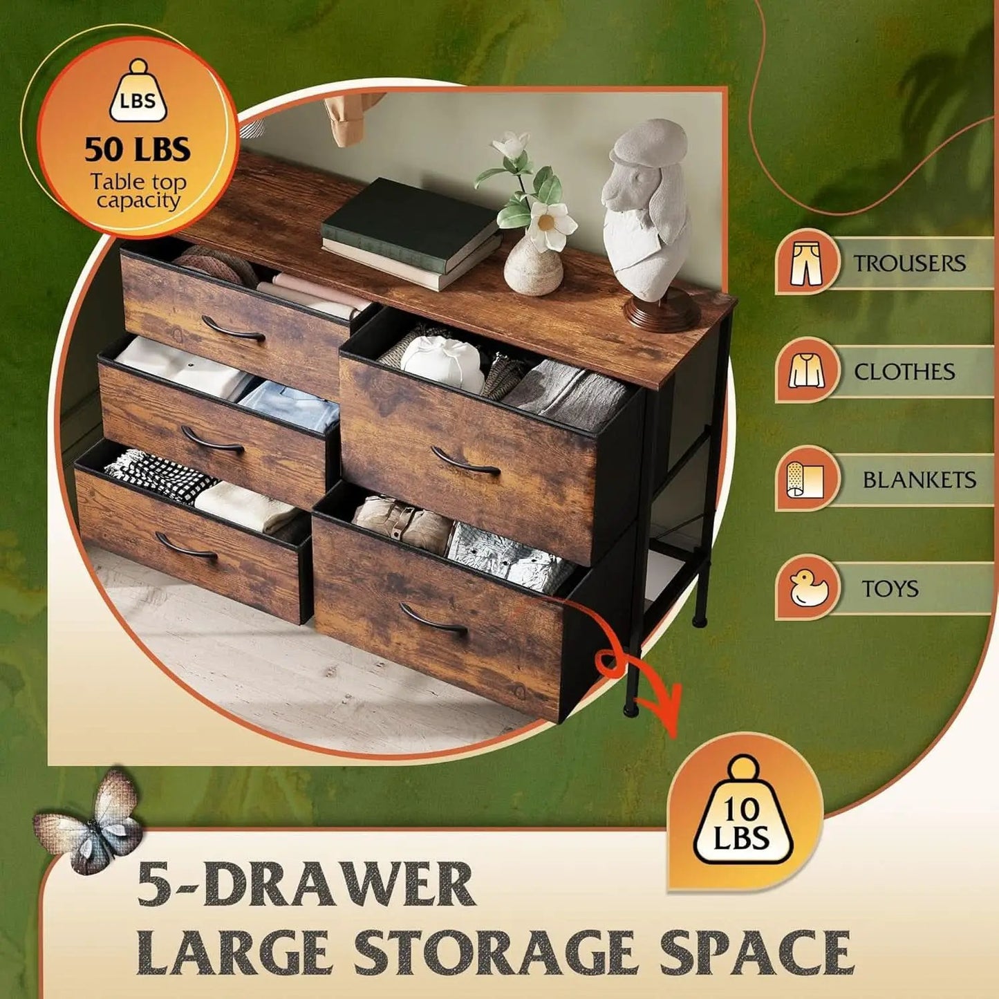 Rustic Brown Wood Grain 5 Drawer Dresser For Bedroom from PriceLows™