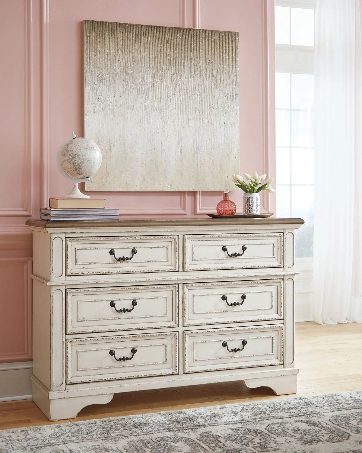 Realyn Dresser | Traditional Cottage Style | Antiqued Two-Tone Finish | Chipped White