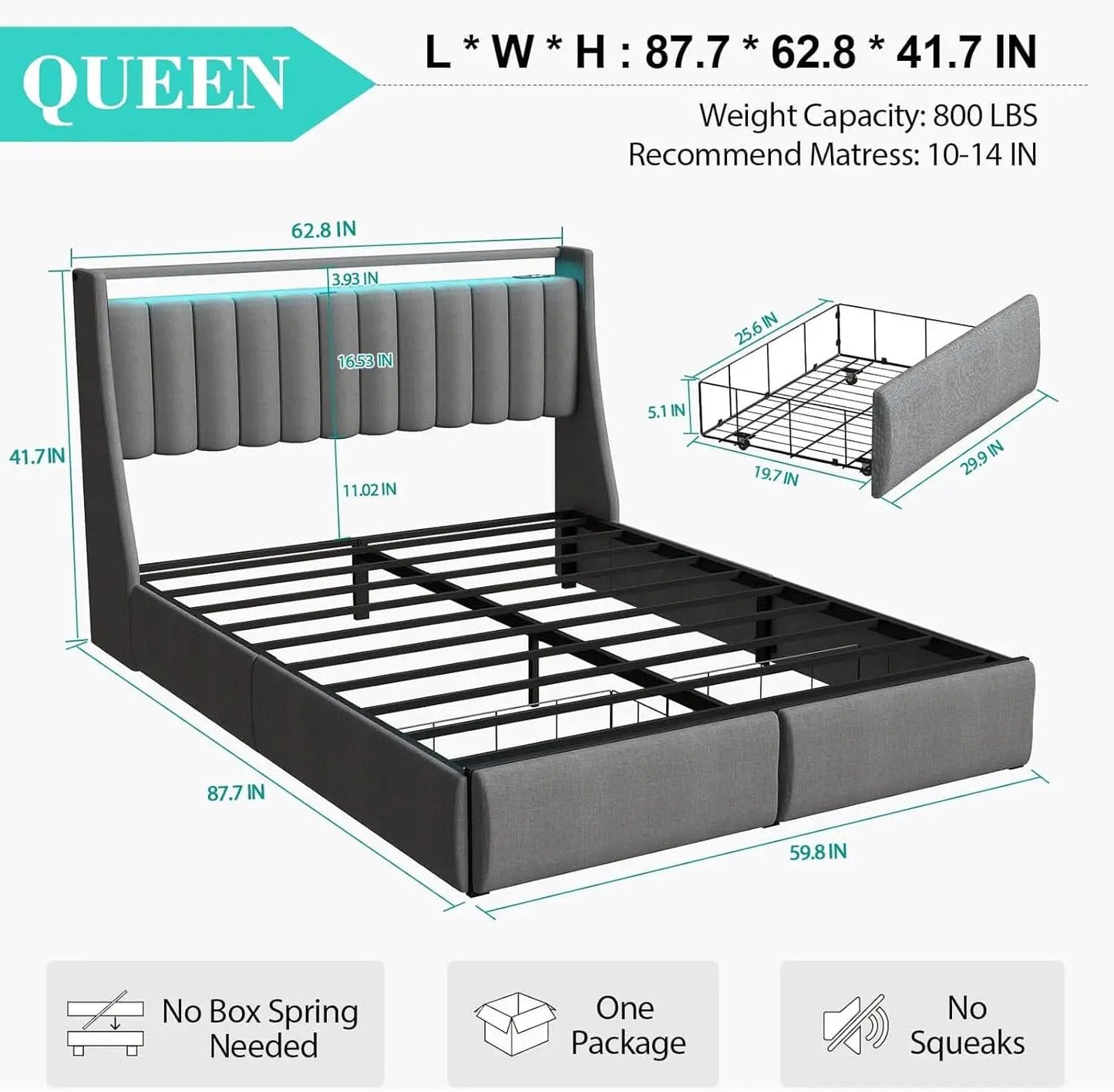 Queen Bed Frame With LED Lights And Storage Drawers from PriceLows™