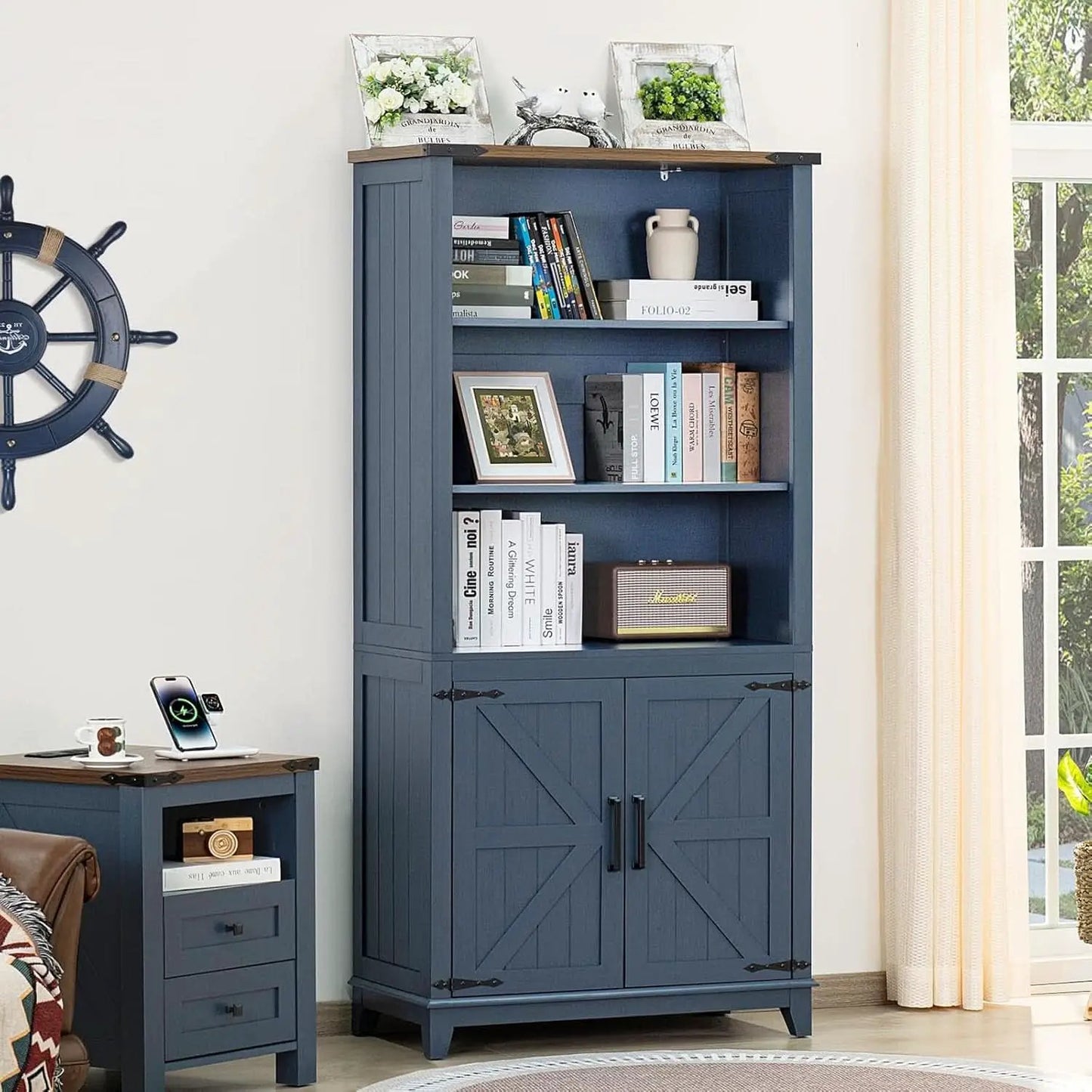 Blue 70 Inch Tall Farmhouse Bookcase Adjustable Shelves from PriceLows™