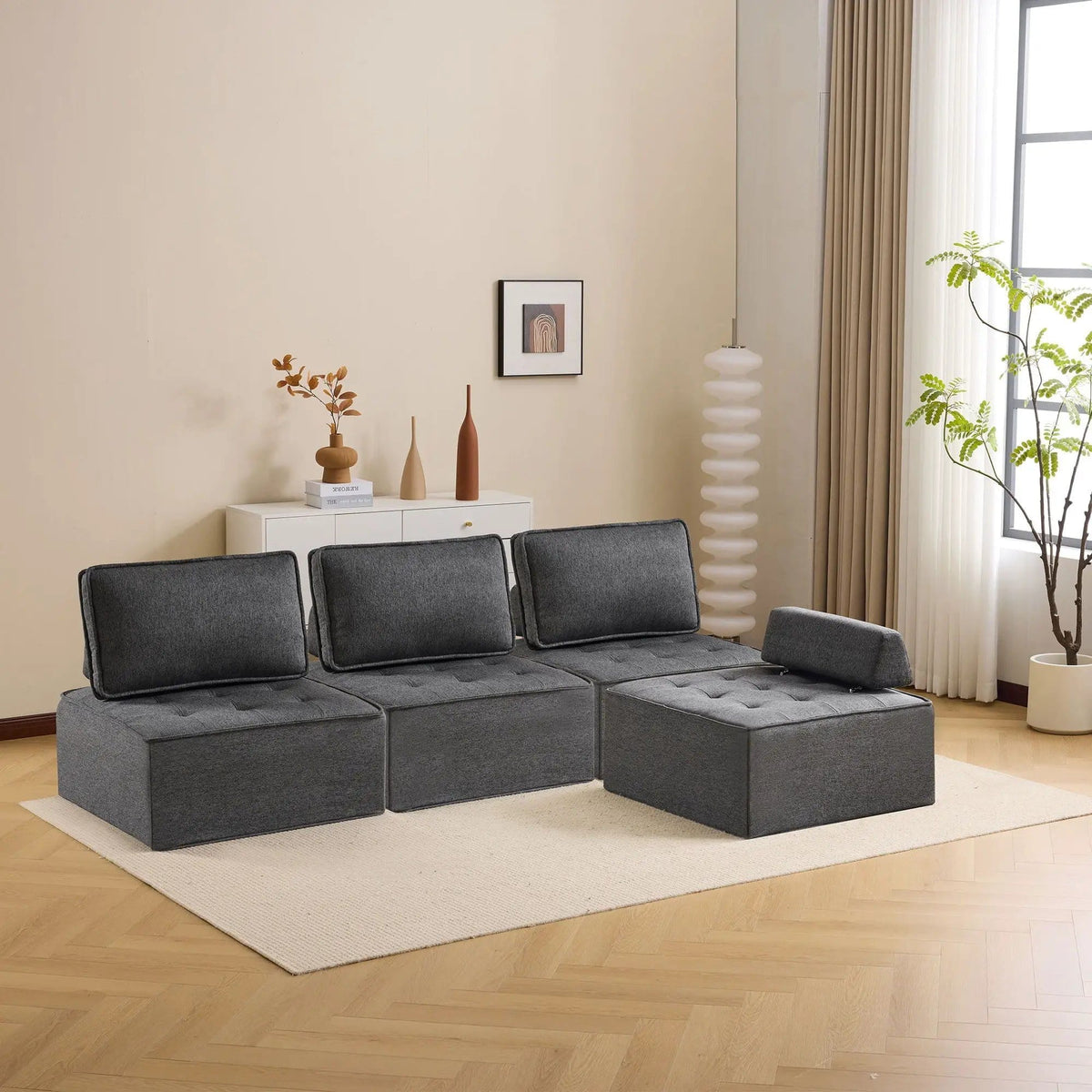 Sofa With Modular Splicing Design Armless Chair | 2 Pieces | Solid Wood & Linen | Living Room
