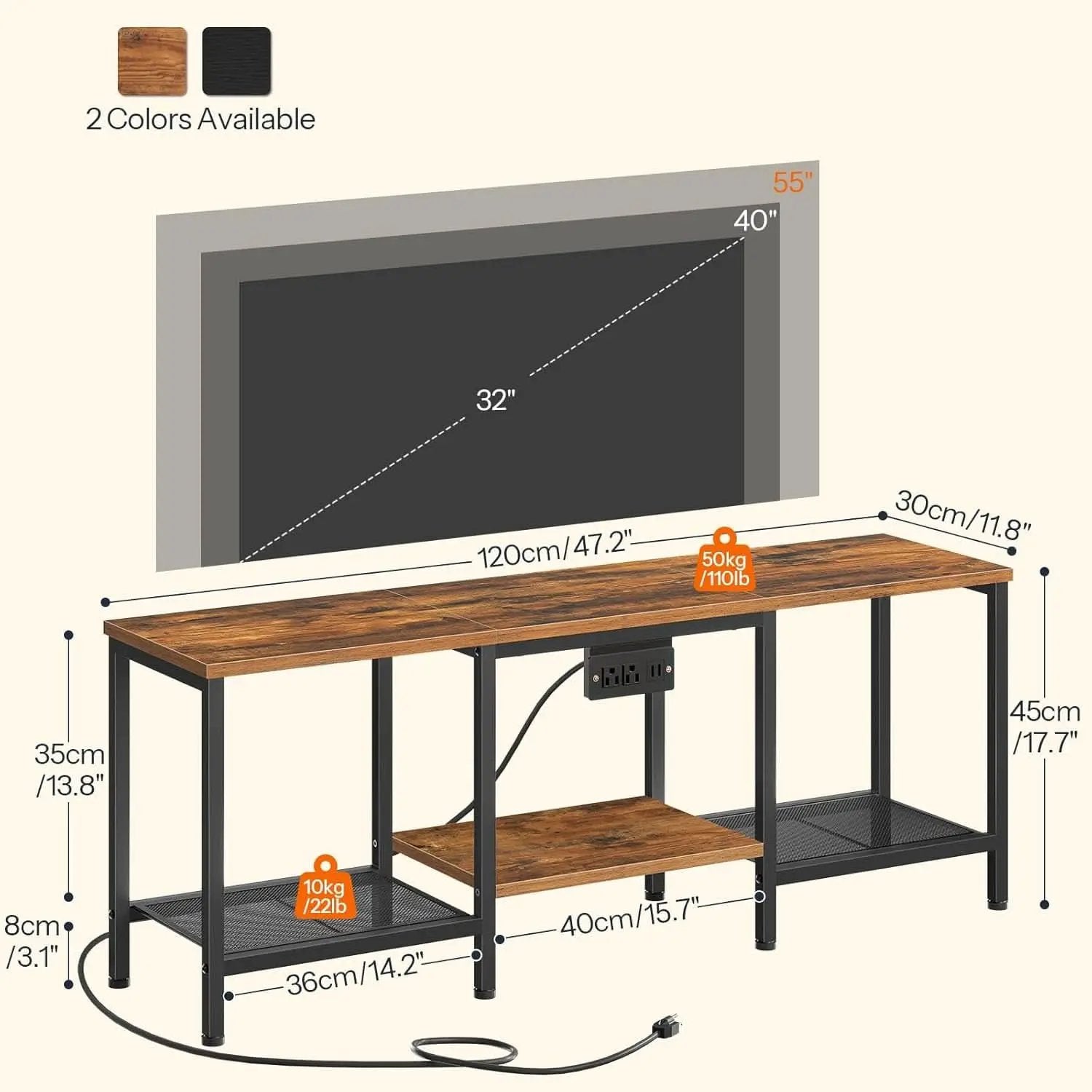Rustic Brown And Black LED TV Stand With Charging Station Up To 55 Inches from PriceLows™