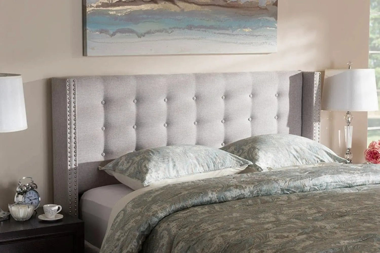 Modern Greyish Beige Winged Tufted Fabric Queen Headboard from PriceLows™