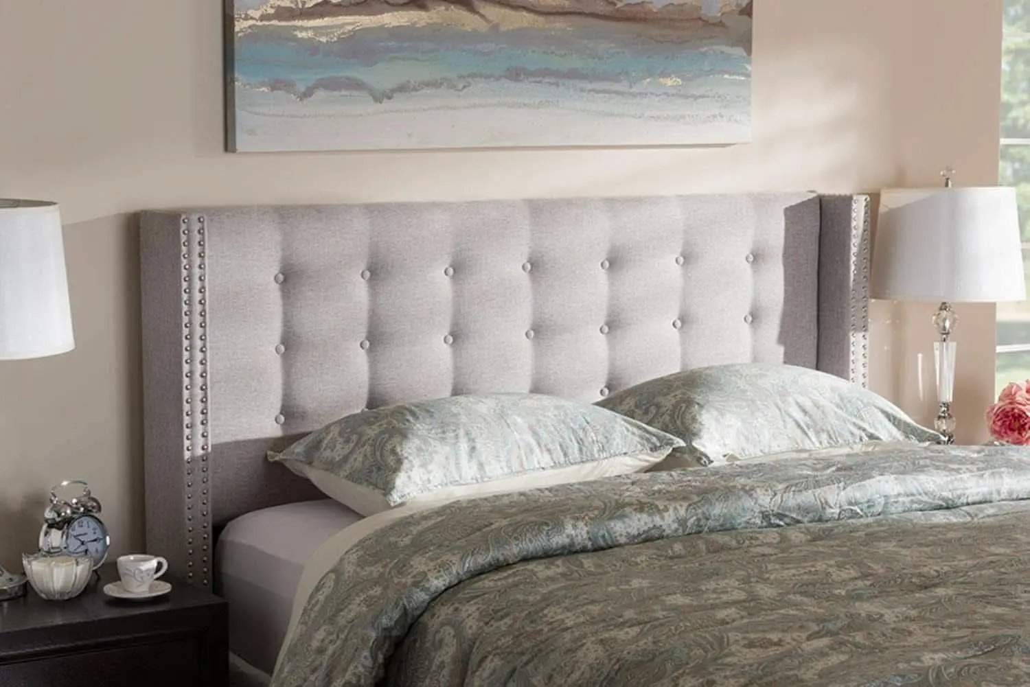 Modern Greyish Beige Winged Tufted Fabric Queen Headboard from PriceLows™