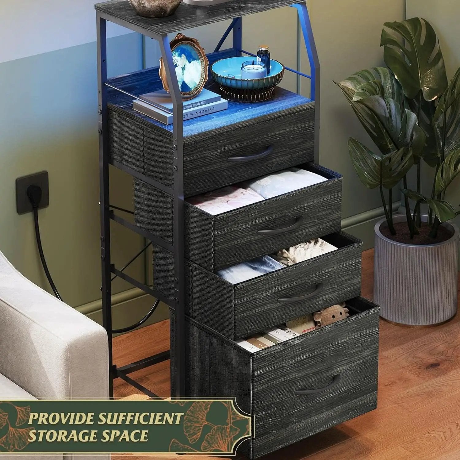 Black Nightstand With Integrated Charging Station RGB LED from PriceLows™