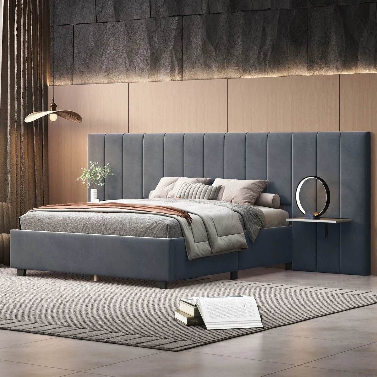 Upholstered Platform Bed | Oversized Ultra-Soft Headboard | Integrated Side Shelves | 111.8 Inch Length