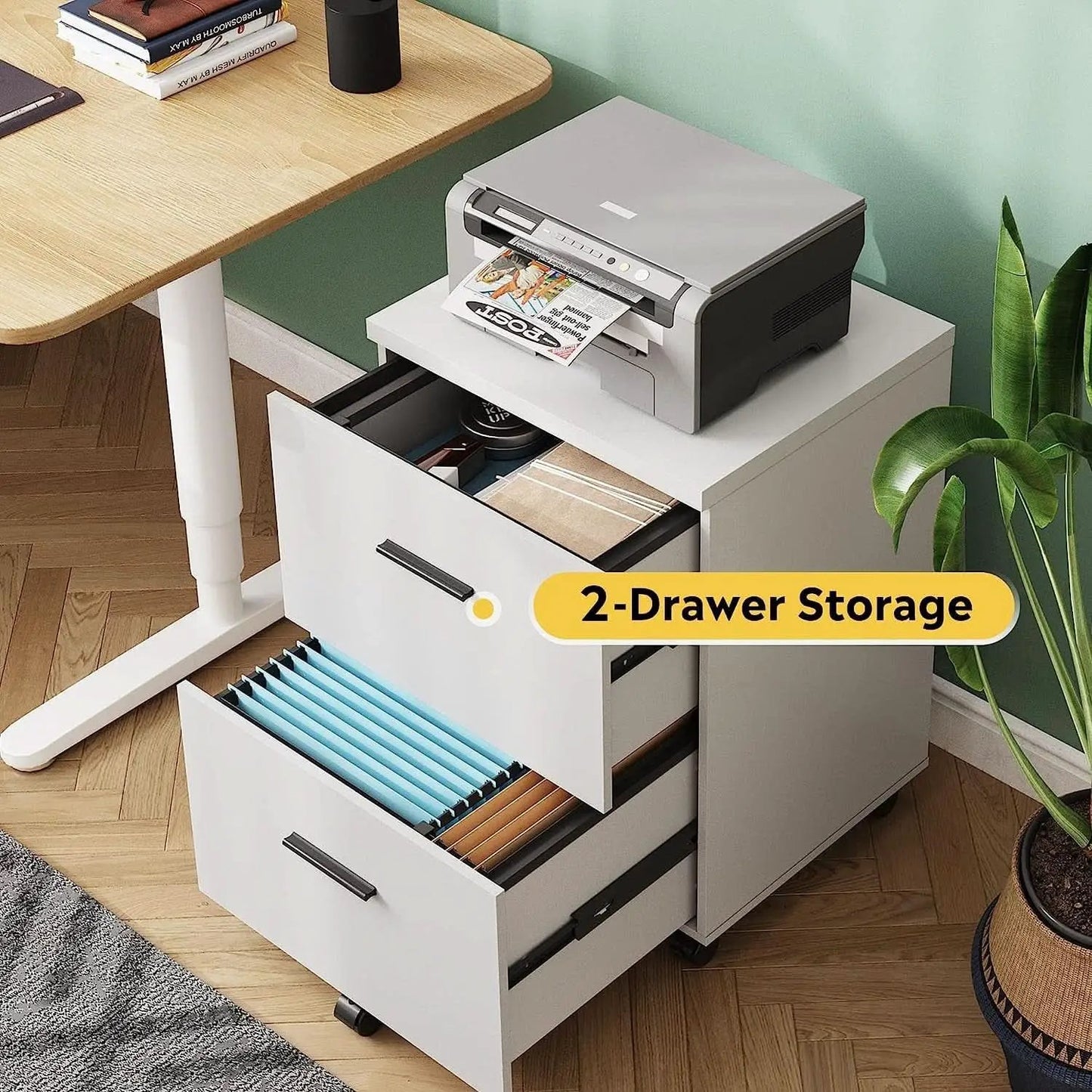Mobile White Wood Lateral File Cabinet With 2 Drawers from PriceLows™