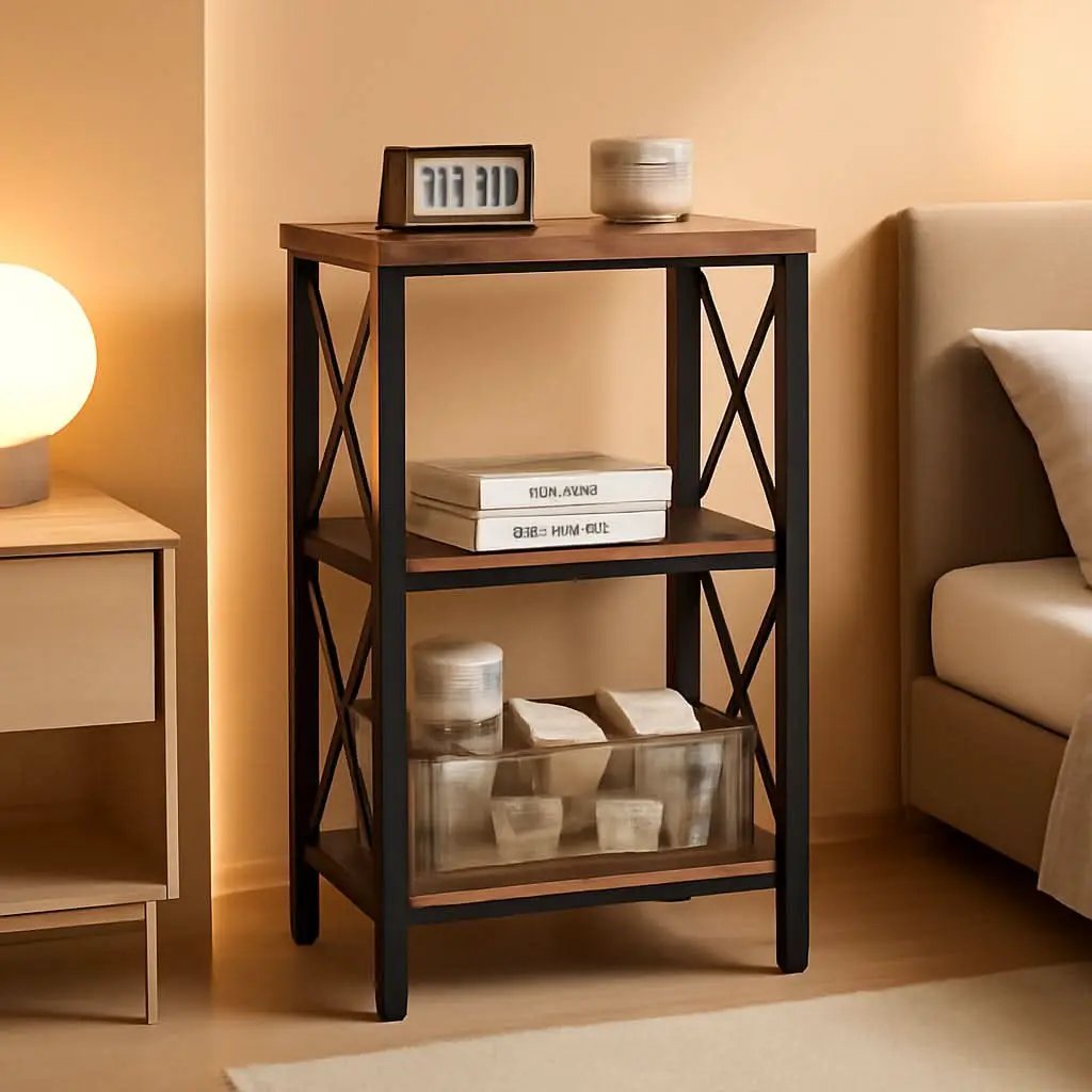 3 Tier Bookcase Industrial Metal Bookshelf With Side Fence in Rustic Brown Living Room Storage Display from PriceLows™
