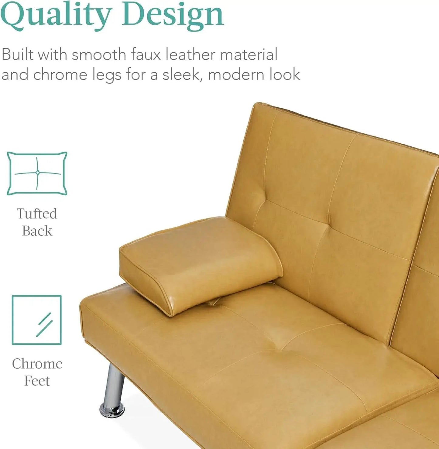 Convertible Futon Sofa Bed in Faux Leather Camel Yellow with Removable Armrests from PriceLows™