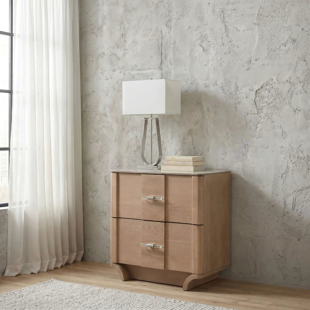 Leanne 2-drawer Sinter Stone Top Nightstand | 23.75 x 16.5 x 26.75 in | Solid Wood & Metal | Light Oak