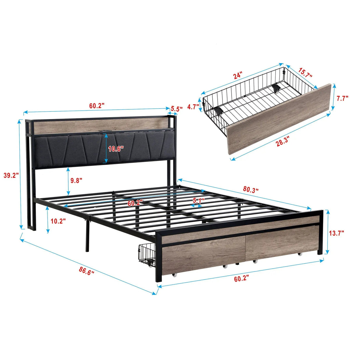 Modern Storage Bed Frame | LED Lights With Remote | Upholstered Headboard | USB Charging Station