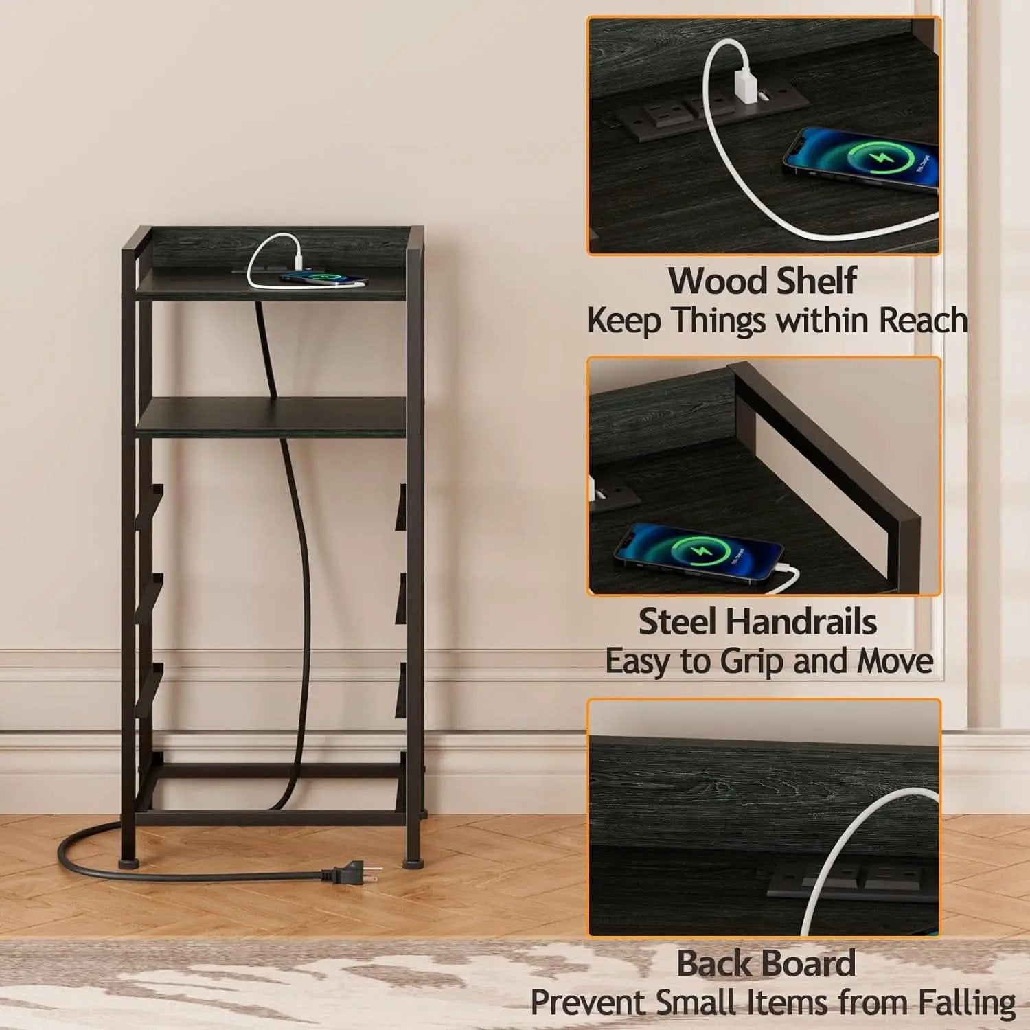 Black Nightstand With LED Lights And Built In Charging from PriceLows™