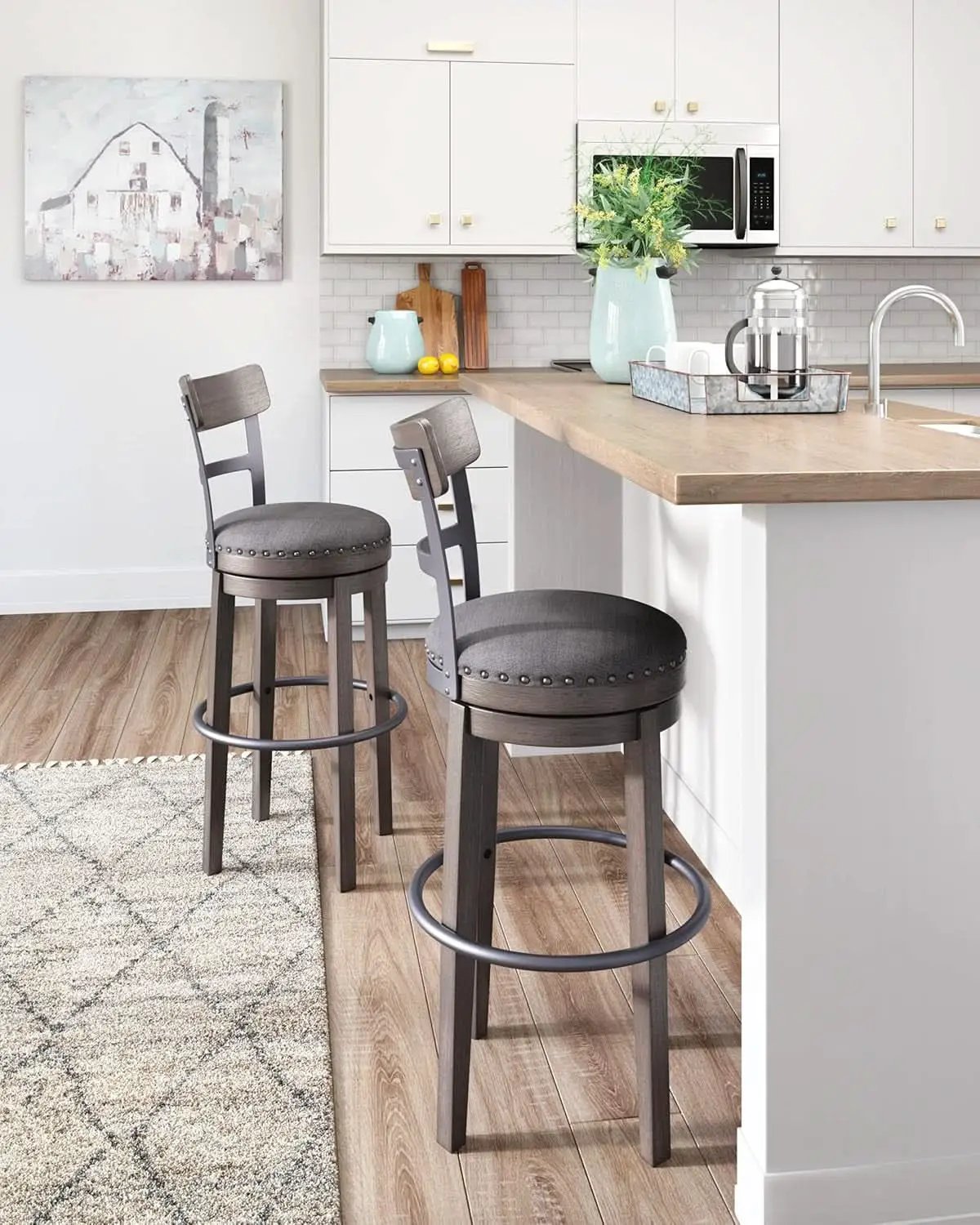30 Inch Gray Upholstered Swivel Farmhouse Bar Stool from PriceLows™