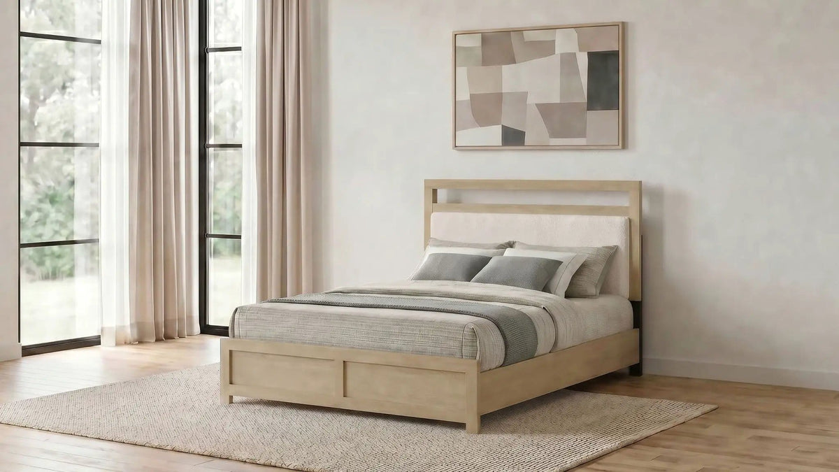 Hendricks Queen Panel Headboard Platform Bed | 62.5 x 84.75 x 51.25 in | Engineered Wood & Boucle | Light Oak