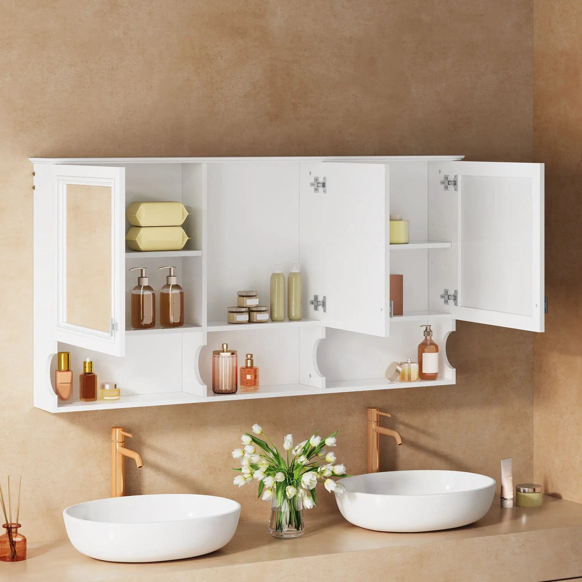 Wall-Mounted Mirror Medicine Cabinet With Adjustable Shelf And Open Shelves | 55 x 7.3 x 28.7 in | Solid Wood | White