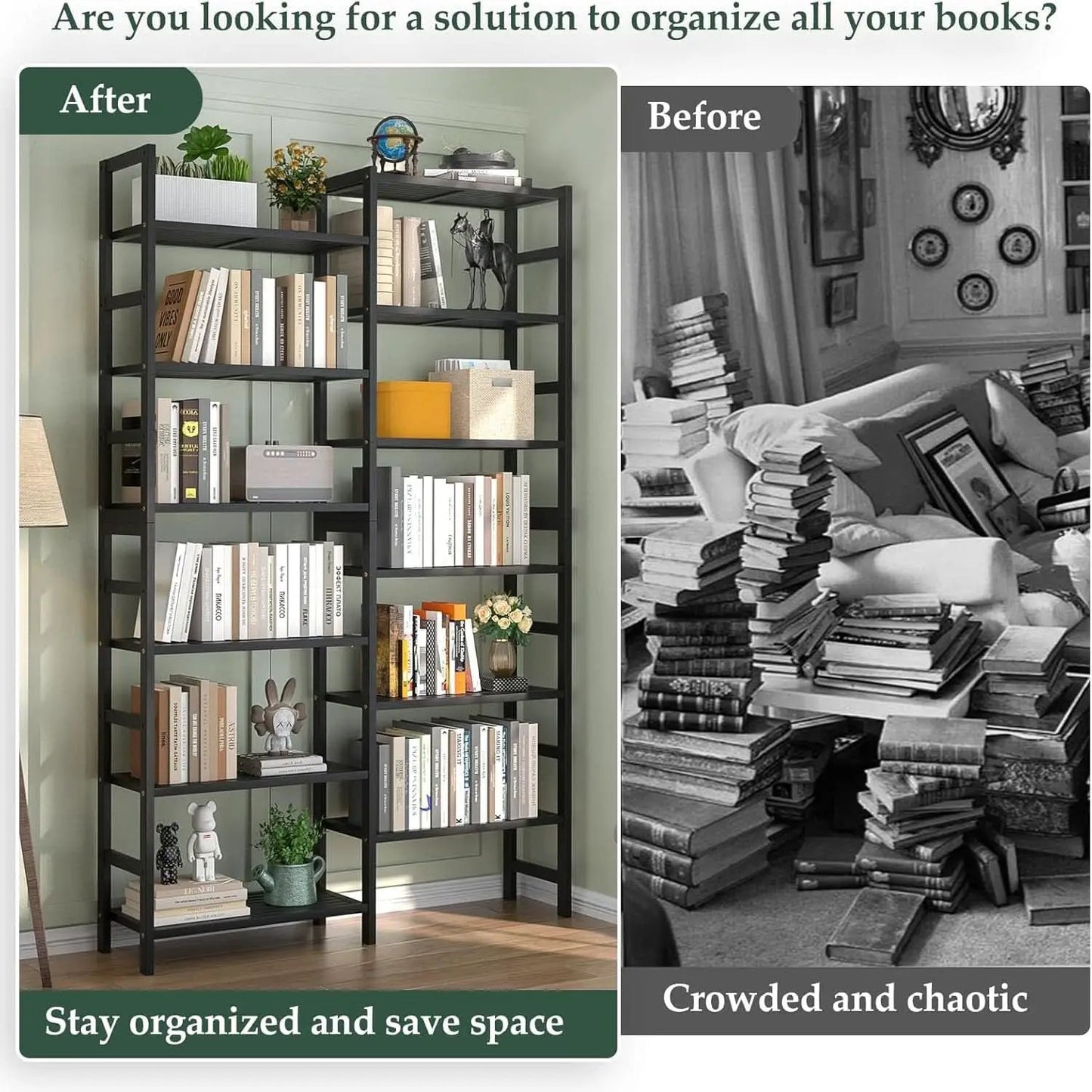 Double Wide Black Bookshelf Freestanding 6 Feet Tall from PriceLows™