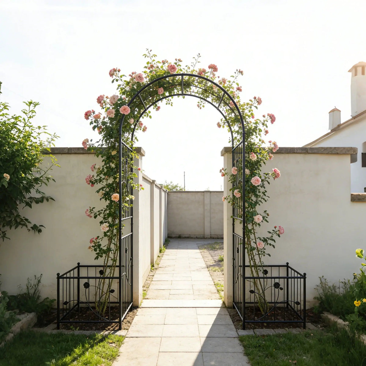 Metal Garden Arch With Plant Stands | Black | 79.5 Inch Width | Dual Planter Stands