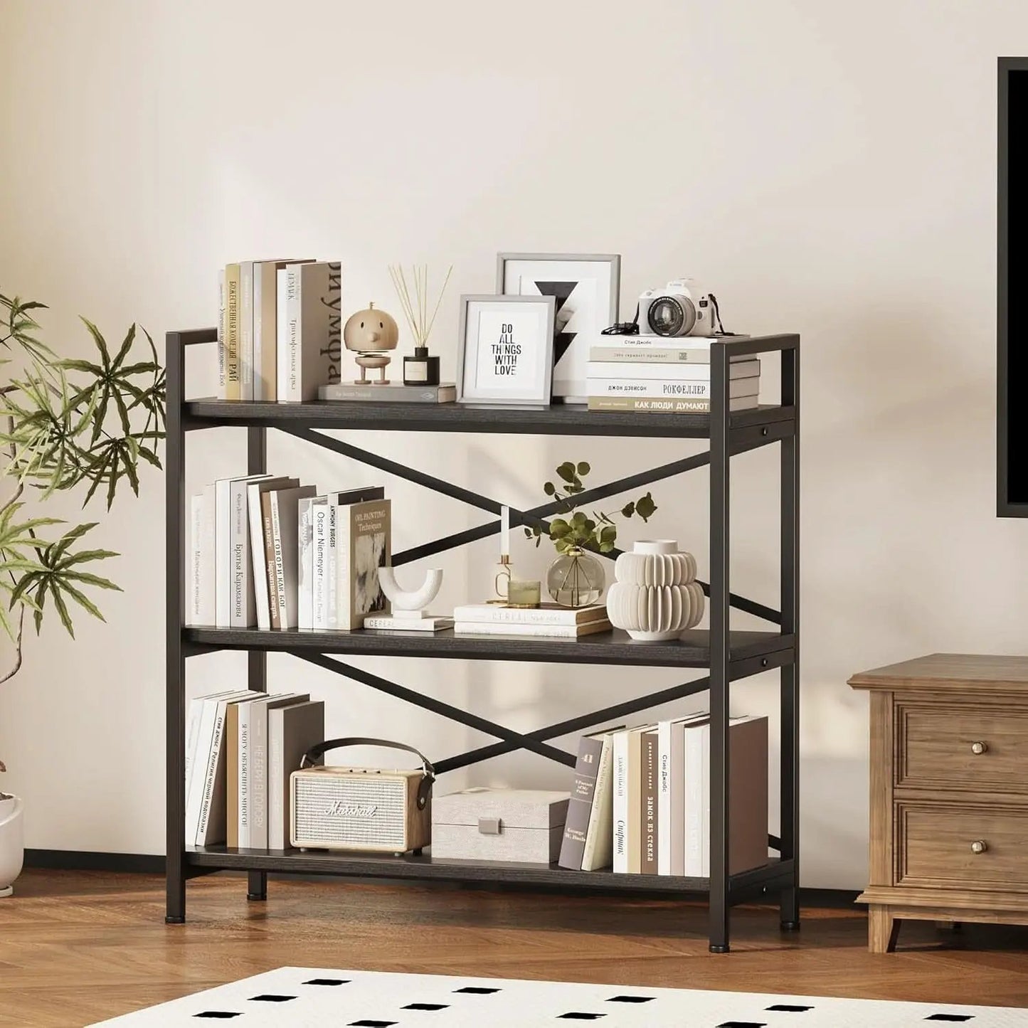 3 Tier Bookshelf 31 Inch Width Wood And Metal Etagere Black from PriceLows™