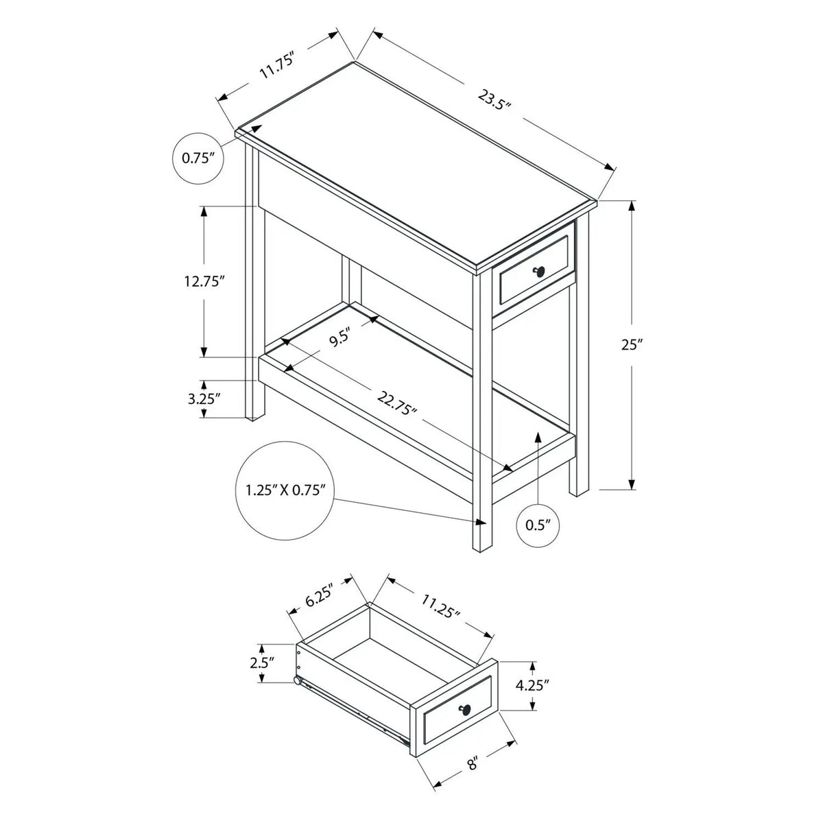 2-Tier Accent End Table | Walnut Veneer | Bronze Metal Knob | Storage Drawer