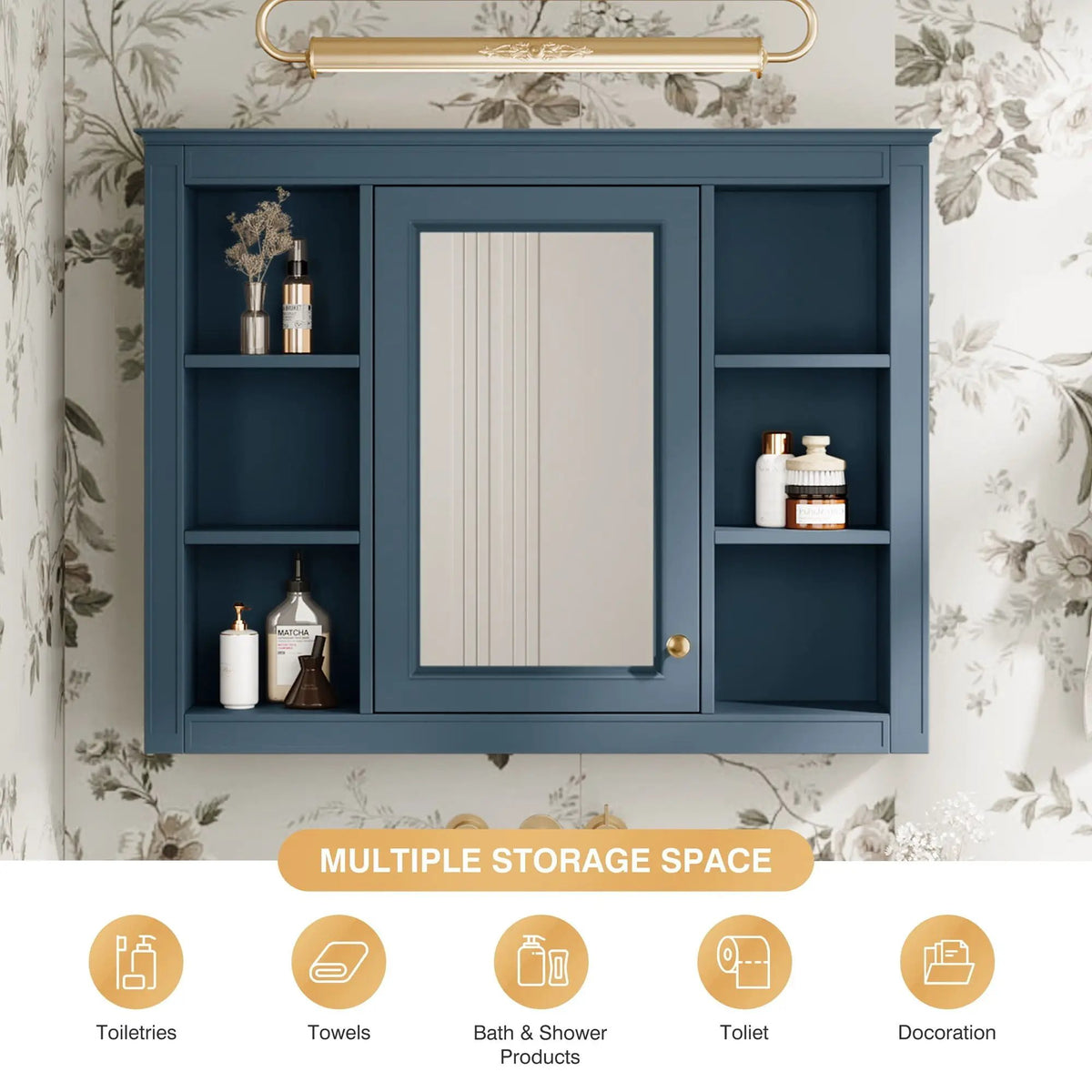 Wall Mounted Medicine Cabinet | Adjustable Interior | 6 Open Shelves
