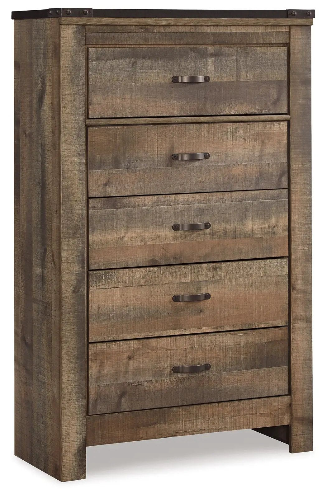 Trinell Five Drawer Chest | Brown Rustic Plank Finish | Replicated Oak Grain | Engineered Wood