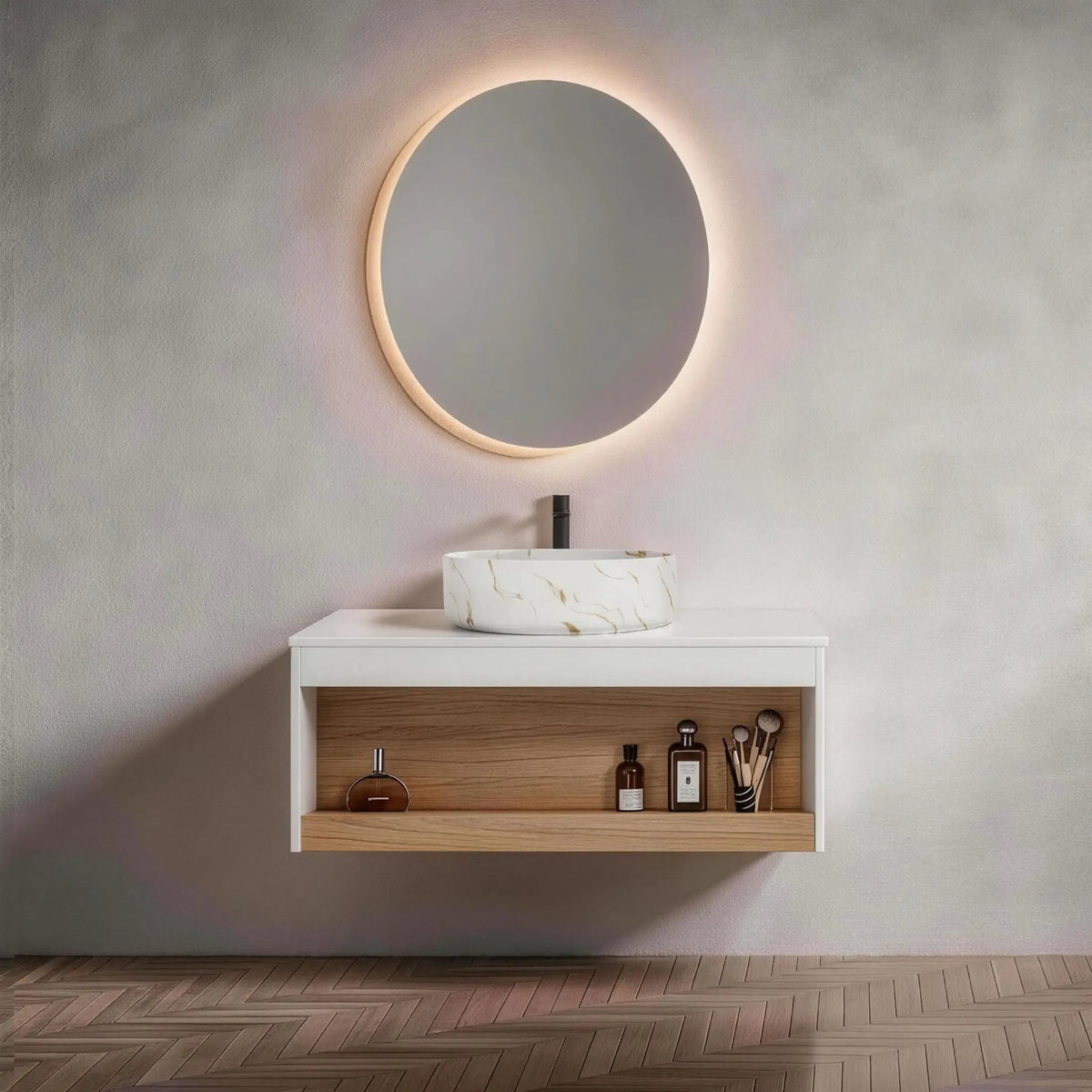 Floating Bathroom Vanity | Wall Mounted | Ceramic Vessel Sink | White
