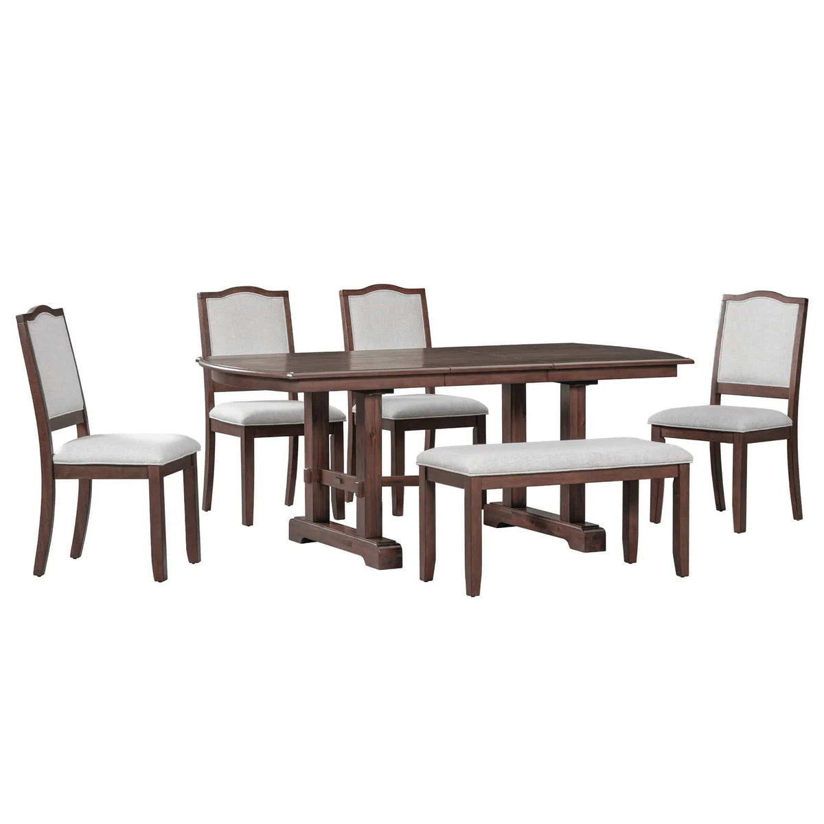 6 Piece Extendable Dining Table Set, Wood Table With Removable Leaf, 4 Upholstered | 6-Piece Set | Solid Wood & Linen | Cherry