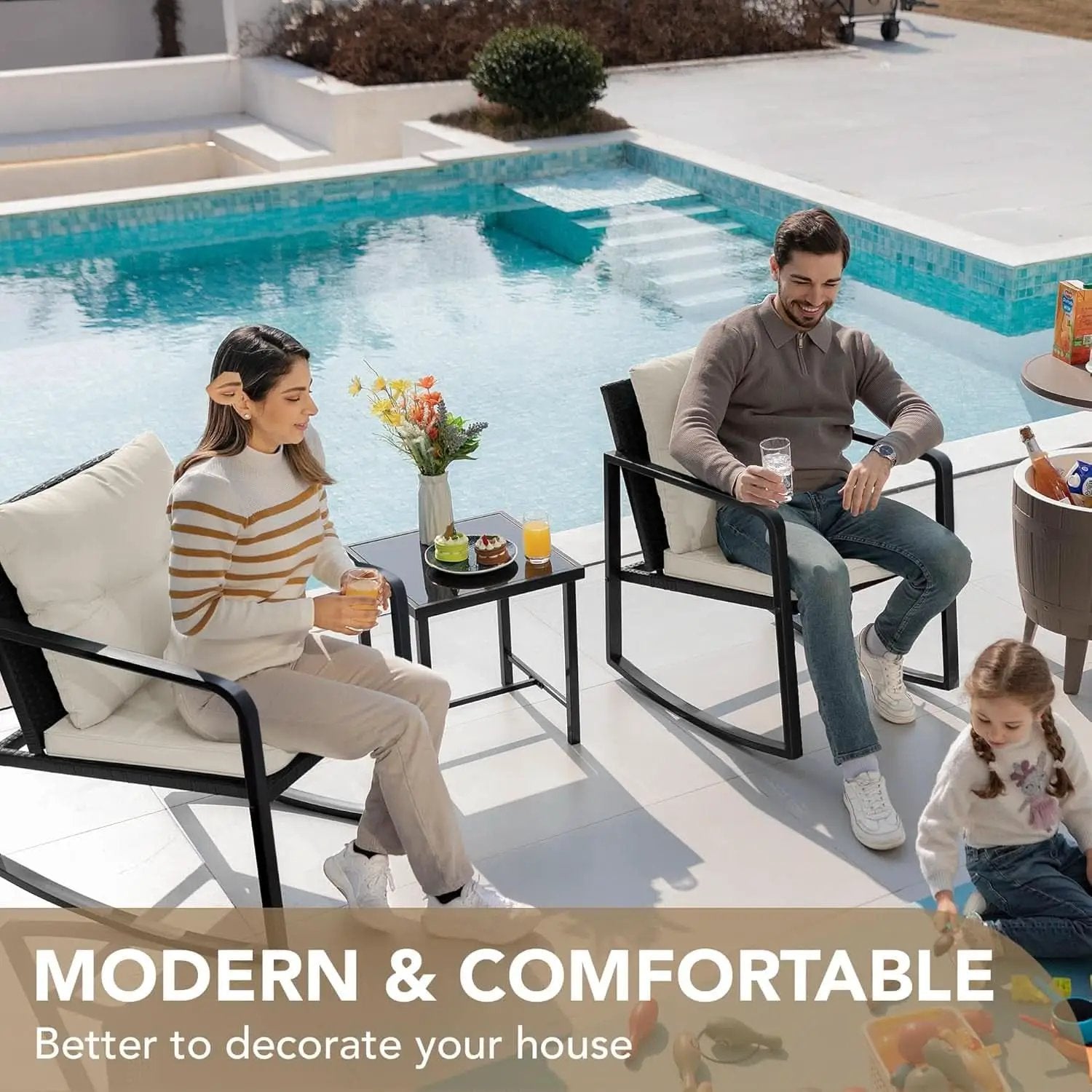 Beige 3 Piece Rocking Patio Bistro Set With Tempered Glass Coffee Table For Outdoor Furniture from PriceLows™