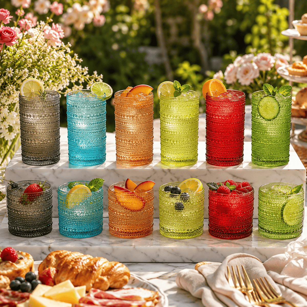 Fortuna Hobnail Lowball & Highball Glassware | 10 oz | Set of 12 | Highball & Lowball
