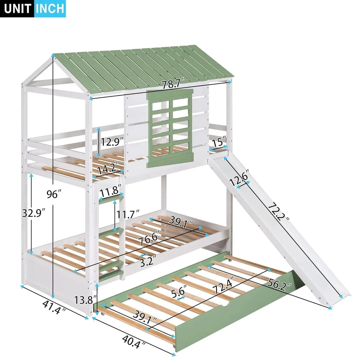 Bunk Bed Twin Over Twin With Slide And Trundle White Green from PriceLows™