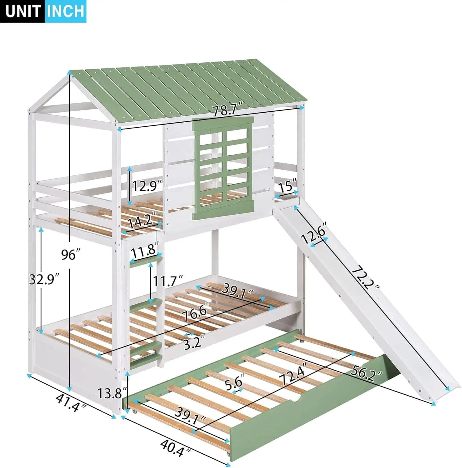 Bunk Bed Twin Over Twin With Slide And Trundle White Green from PriceLows™
