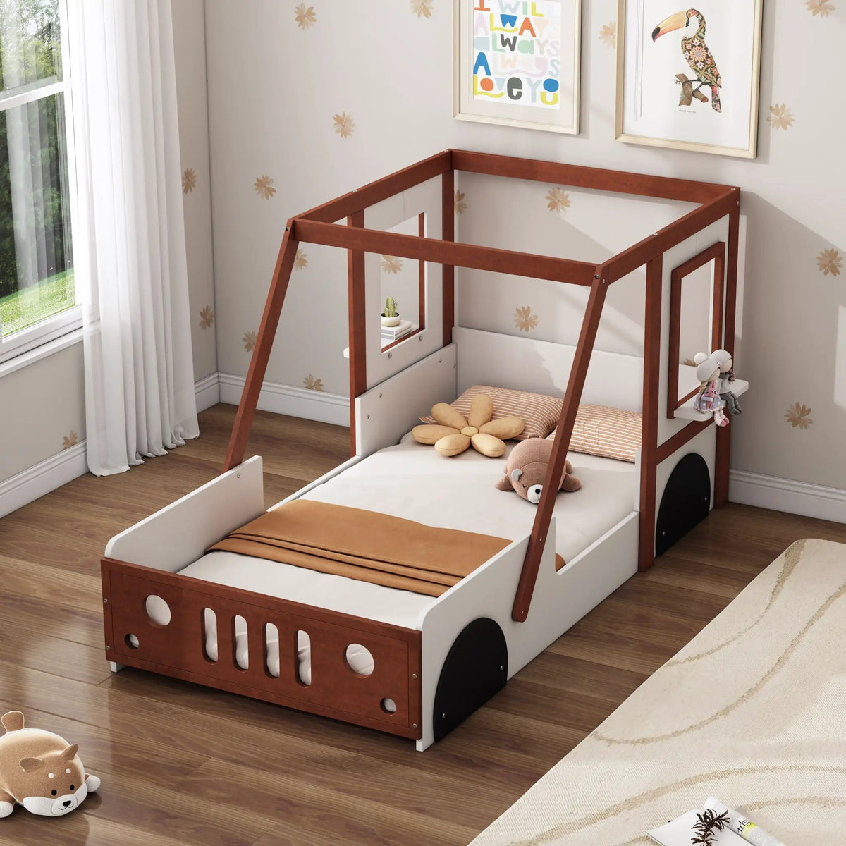 Twin Car Bed | Solid Wood Frame | Car Shaped Design | White Orange