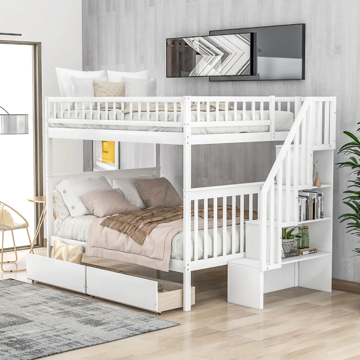 Twin Over Full Bunk Bed | Built In Staircase | Steel Frame