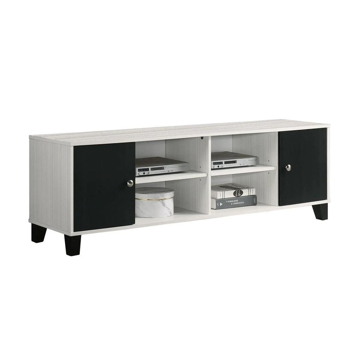 2 Tone TV Stand With Open Shelving And Concealed Storage Living Room Furniture Black | 63.7 x 15.6 x 20.1 in | Wood | White
