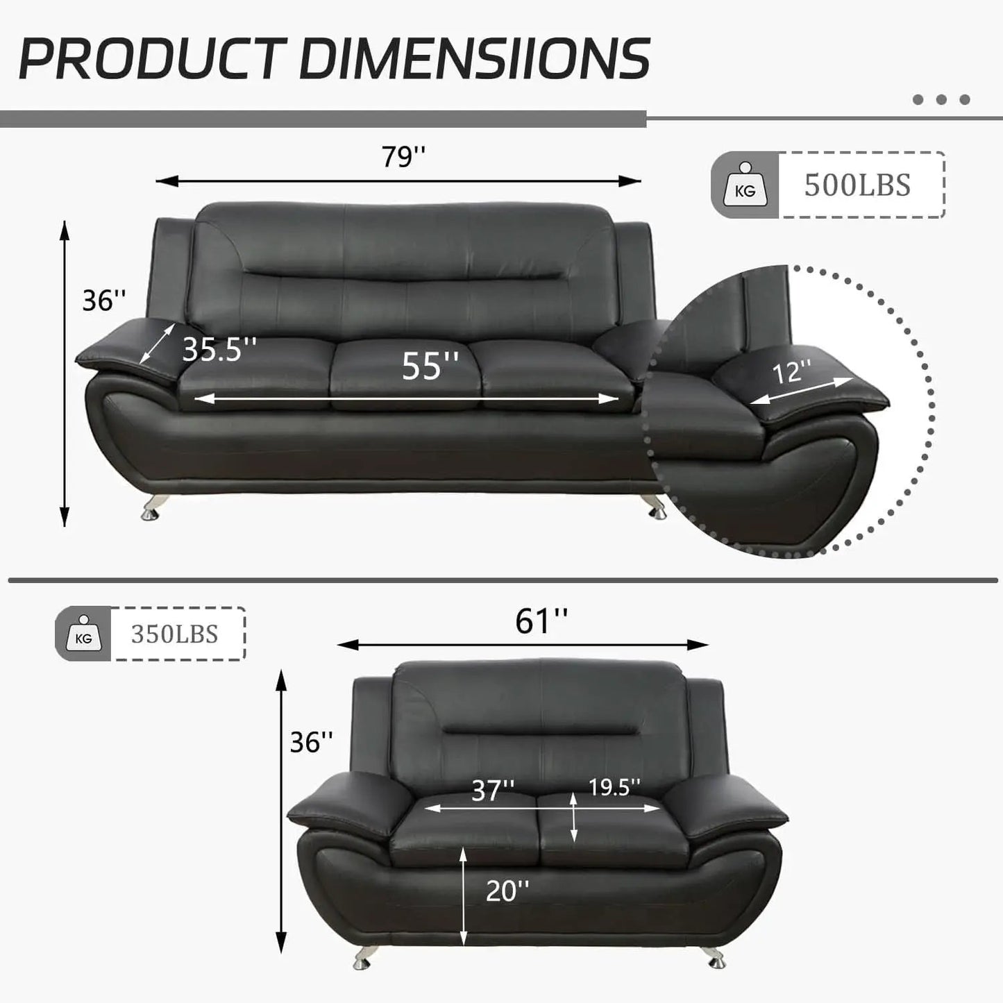 Black Faux Leather Sofa Loveseat 2 Piece Living Room Set from PriceLows™