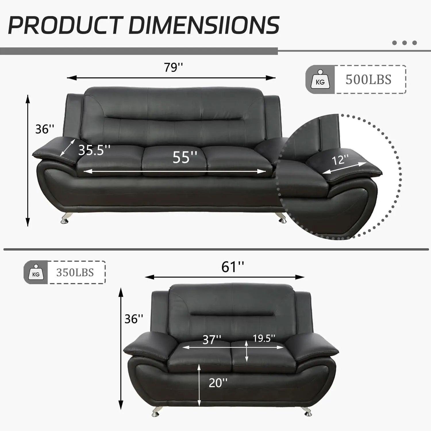 Black Faux Leather Sofa Loveseat 2 Piece Living Room Set from PriceLows™