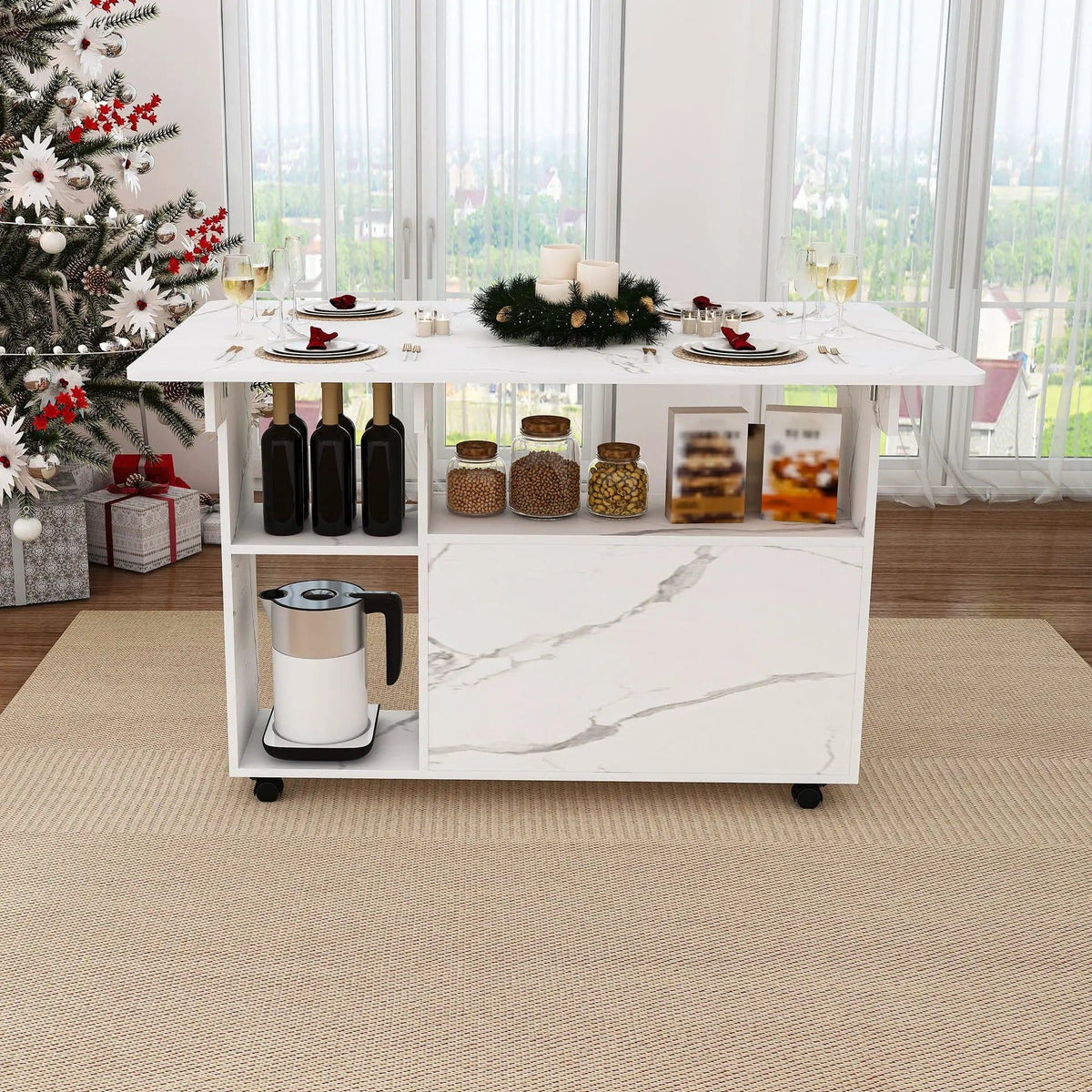 Multi Functional Folding Table With Storage Shelves And Wheels Island | 3 Pieces | Home Furniture | Home