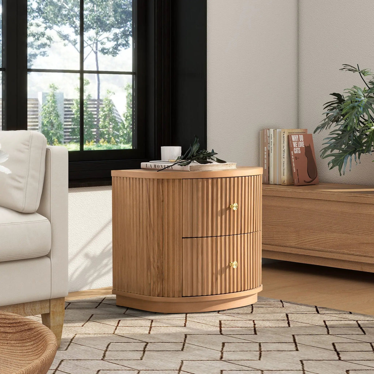 Valentine 2 Drawer Side Table | American Beech Wood | Half-Moon Shape | Fluted Carved Details