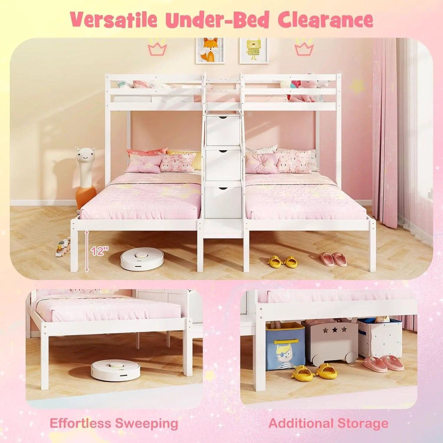 White Solid Wood Triple Bunk Bed With Storage Stair from PriceLows™