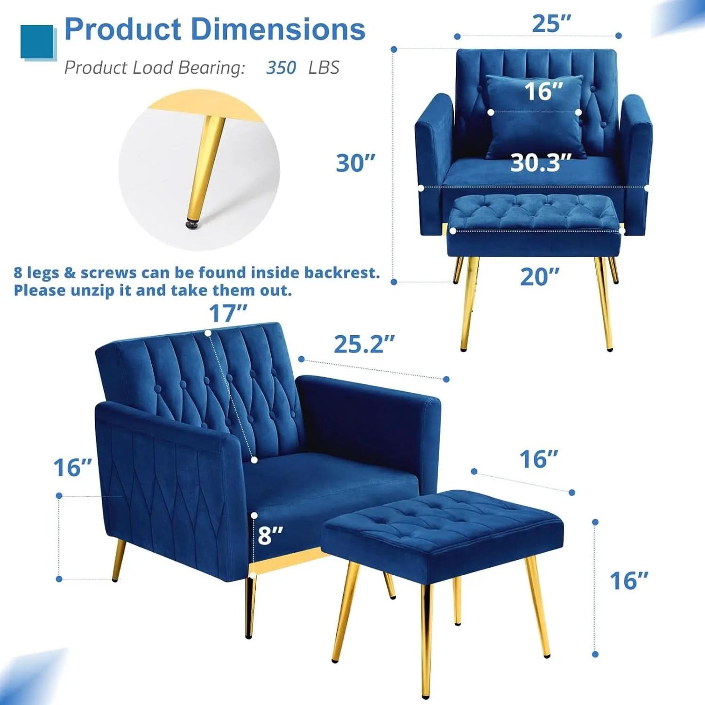 Velvet Futon Sofa Set Two Piece With Convertible Sofa Bed And Tufted Accent Chair In Blue from PriceLows™