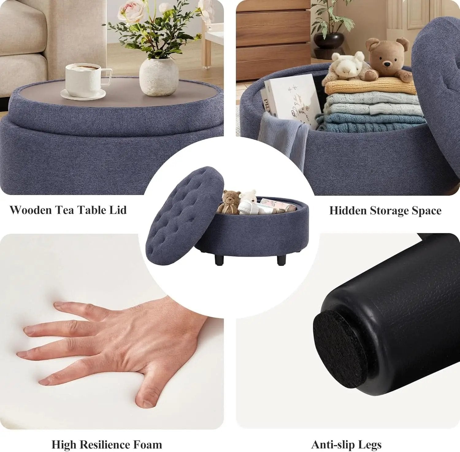 Blue Upholstered Circular Storage Ottoman With Tray from PriceLows™